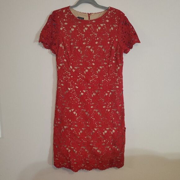 TALBOTS RED AND TAN FLORAL OVERLAY MIDI DRESS SIZE 8 - Picture 1 of 8